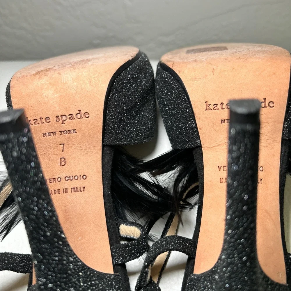 Kate‎ Spade Glitter Feather Black Open Toe Slingback Pumps Heels Size 7